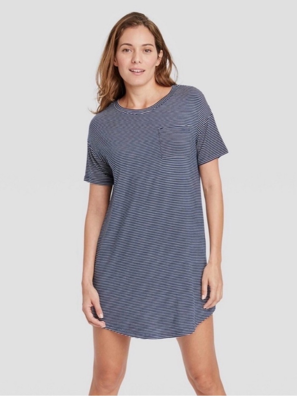 stars above Navy and White Striped Short Sleeve Sleep Shirt